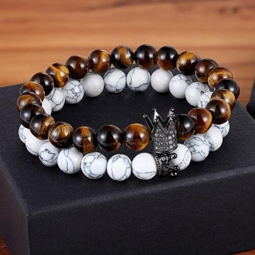 TYO European Vintage Copper Metal 3 Colors Crown Charm Tiger Eye Natural Stone White Round Beads Bracelets Bangle 2Pcs/Set
