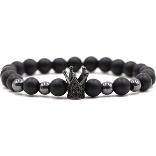 Charm Matte Black 8mm natural stone bead Bracelets Pave CZ Crown Bracelet for Men&Women Trendy Handmade Bracelet fashion Jewelry