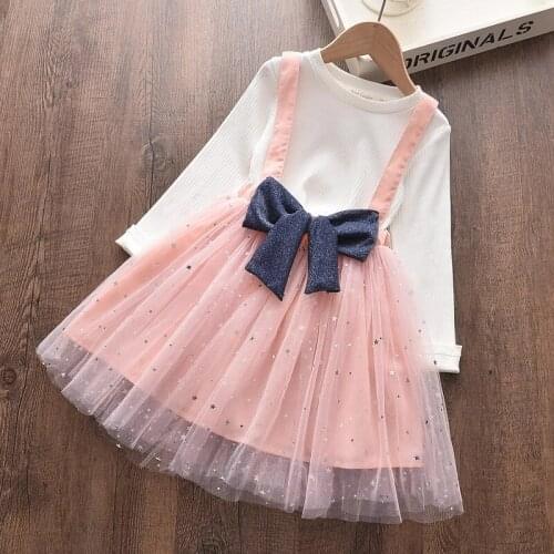 2-7Y Spring Autumn Kids Girls Clothes Sets Long Sleeve Solid Knit Pullover Tops Lace Tutu Strap Dress