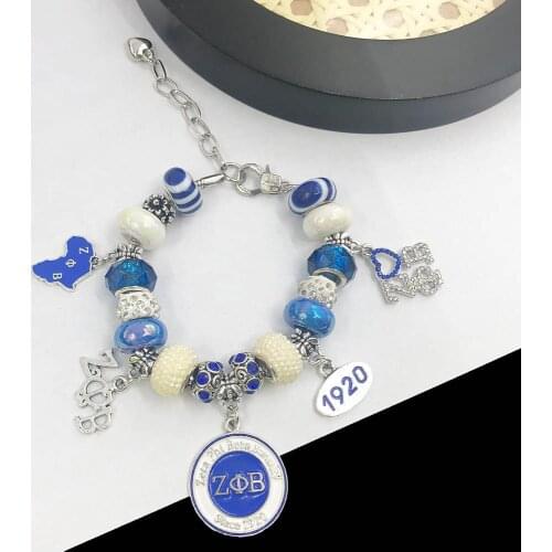 Hand Made Blue White Big Hole European Beads Greek Sorority Zeta Phi Beta 1920 Map Rotundity Charm Pendant Bracelet Man Jewelry