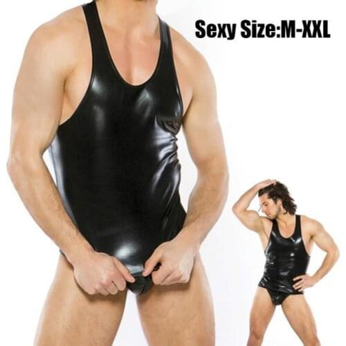 Sexy Men Vinyl Undershirt Lingerie Set Black Leather Tank Top Low Waist G-String Thongs Underwear Male Erotic Wetlook Clubwear