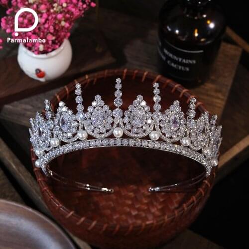 Luxury CZ Pearl Tiaras Wedding Hair Accessories Women Jewelry Queen Party Headdress Gifts for Women Sparkling Zirconia Crowns