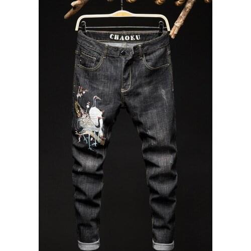 Embroidery Chinese style stitchwork Boutique European Men Brand Slim Jeans Denim Trousers Stretch Blue Patchwork Hole Pants