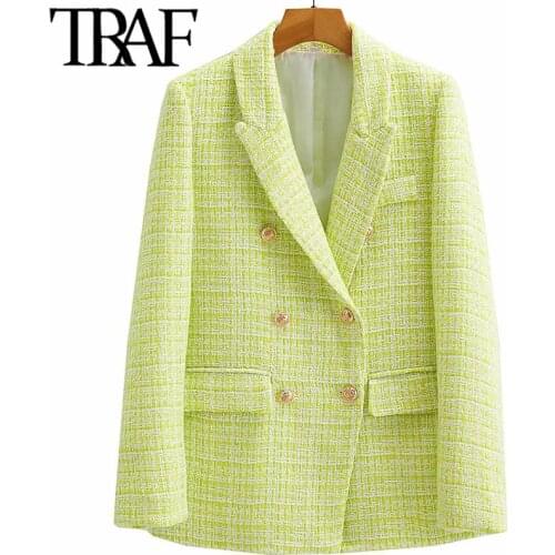 ZHENBAILI Za Woman2021 Autumn Winter Woolen Casual Blazers Double Breasted Pockets Straight Long Jackets Green Female Coats