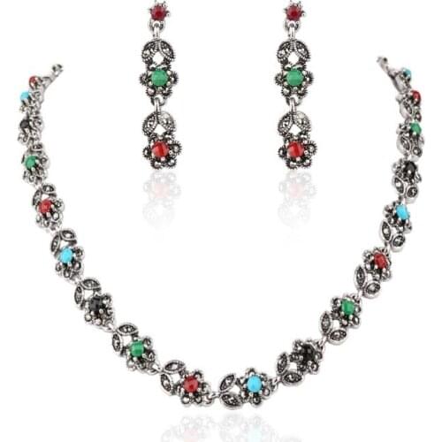 2015 Fashion Turkey Jewelry Sets New Pattern Necklace And Earrings For Women Silver Color Inlay Resin Crystal Party Gift