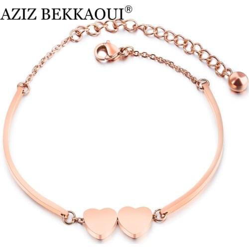 AZIZ BEKKAOUI Romantic Rose Gold Double Heart Stainless Steel Bracelets for Women DIY Letter Name Bracelets DIY Jewelry Gift