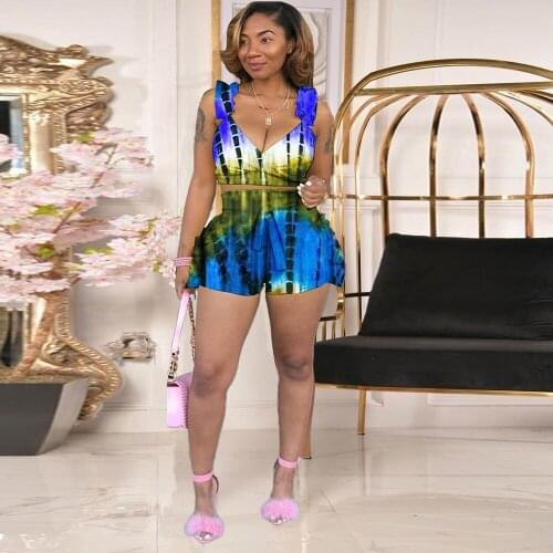 Spaghetti Strap Bandage Crop Top Ruffles Spliced Biker Shorts for Women Summer Outfits Vintage Tie Dye Print Two Piece Outfits