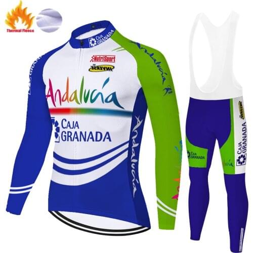 2021 Blue andalucia team cycling jersey Winter Thermal Fleece fietskleding heren 20D gel ropa de ciclismo para hombre