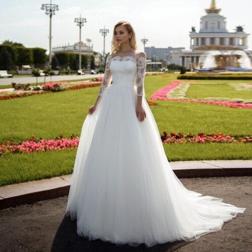 Arabic Luxurious Lace Wedding Dresses 2021 Sheer Neck 3/4 Long Sleeves Bridal Dresses Vintage Sexy Wedding Gowns