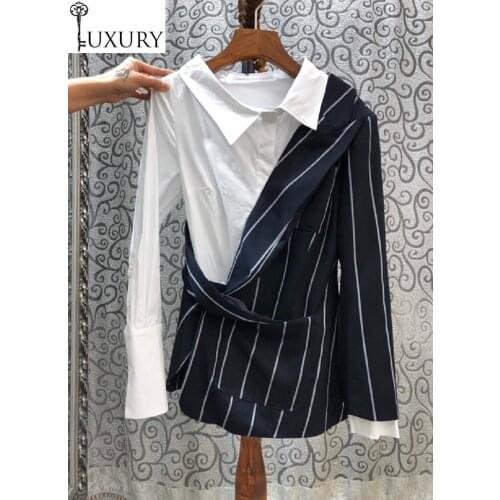 Quality Tops Blouse High 2020 Spring Elegant Work Shirts Women Turn-down Collar Striped Print Patchwork Long Sleeve Shirt Female