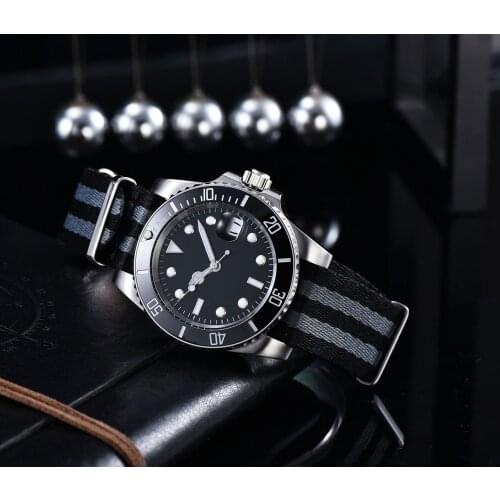 Watch self-winding black sterile dial ceramic rotating bezel nylon hand strap