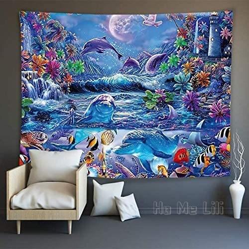 Dolphins And Turtles In A Blue Sea Home Decorated With A Wall Tapestry Of Palm Trees