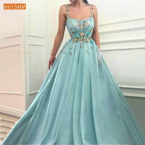 Elegant Tulle Ice Blue Prom Dresses Long 2021 Illusion Sleeveless Slim Fit Formal Dress Prom Spaghetti Strap Evening Party Gowns