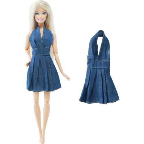 BJDBUS Handmade Denim Dress Backless Halter Skirt Daily Party Wear Clothes for Barbie Doll Accessories Baby Kids DIY Toys