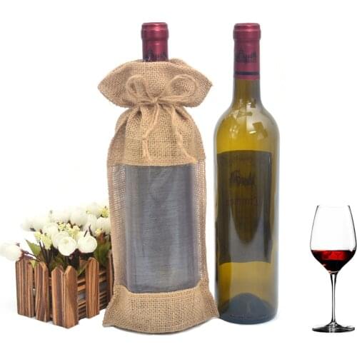10pcs 5.9"x12.6" Natural Burlap Jute Gift Wine Bottle Bags with Organza Window for Red Wine Champagne Wedding Party Favor Bag