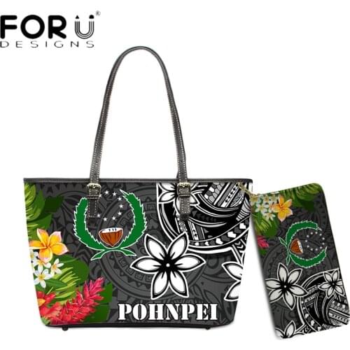 FORUDESIGNS Hot Style Women Luxury Shoulder Bag And Purse 2pcs Set Pohnpei Polynesian Tribal Plumeria Print Lady Handbag Sac