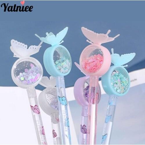 Yatniee 4pcs/Set Heart Sequined Butterfly Decor Gel Pen Cute Ink Black Writing Pen School Office Supplies Stationery Gift