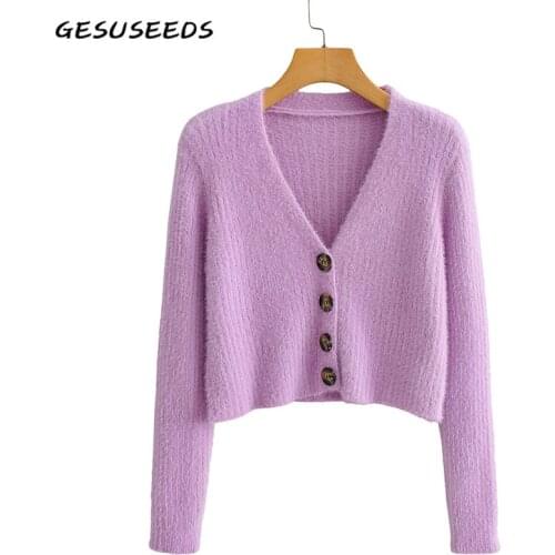 2020 Knitted sweater women sexy cropped cardigan autumn long sleeve sweater korean v neck cardigan vintage purple sweater cute