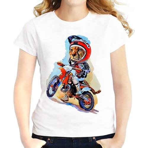 Cool lion on Cross-country motorcycle funny t shirt WOMEN new fashion white casual Tee shirt femme punk wolf tshirts