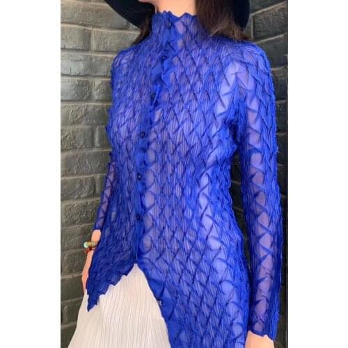 HOT SELLING Miyake pleated handmade stand collar shirt fish scale single breasted cardigan top IN STOCK