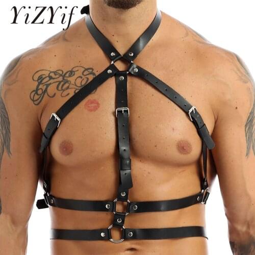 Male Lingerie Leather Harness Men Adjustable Gay Clothing Punk Gothic Metal O-Ring/Chain Shoulder Chest Belt Strap Rave Costumes