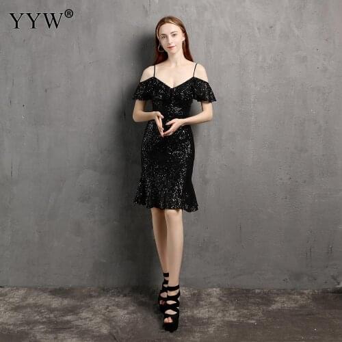 New Vintage Off Shoulder Sequined Midi Evening Dress Black Sexy Backless Women Party Short Mermaid Dresses Femme Vestidos