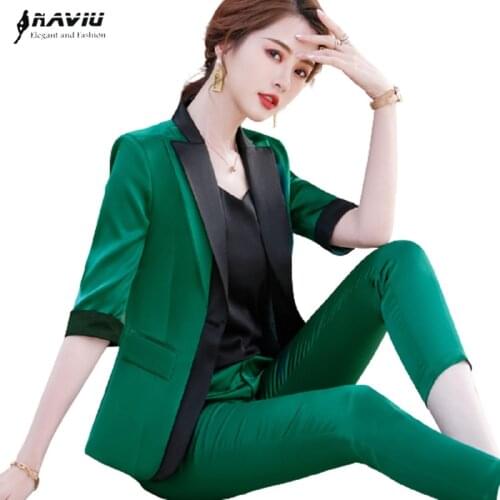 Naviu 2021 New Spring Fashion Patchwork Design Half Sleeve Small Blazers For Women Coat Two Pieces Set Office Lady Work Wear