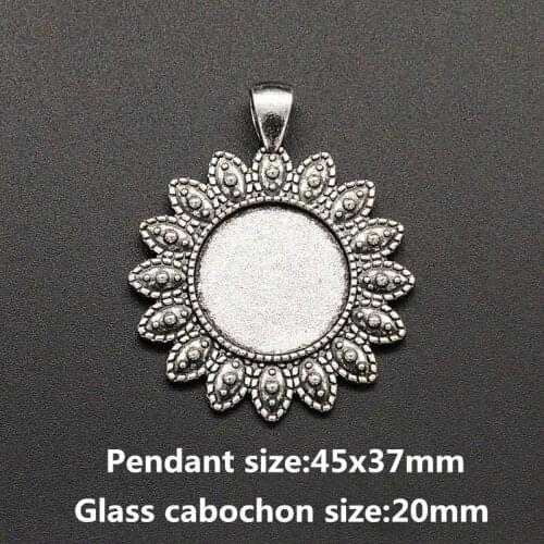 10pcs Round sunflower Silver plated Necklace Pendant Setting Cabochon Cameo Base Tray Bezel Blank Fit 20mm glass cabochon