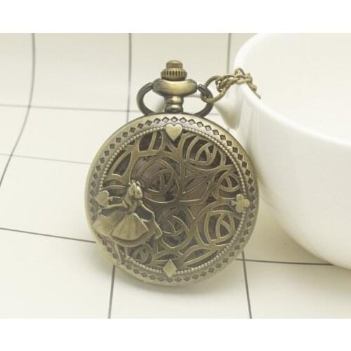 Alice In Wonderland Theme Quartz Pocket Lovely Princess Roman Numerals Display Round Dial Pendant Clock for Ladies Chain