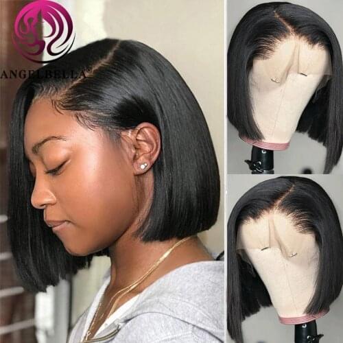 Angelbella 14 Brazilian Remy Hair Bob Wig 150 Straight 13X4 Human Hair Wigs Frontal Lace Wig T Part Lace 4X4 Closure Bob Wigs