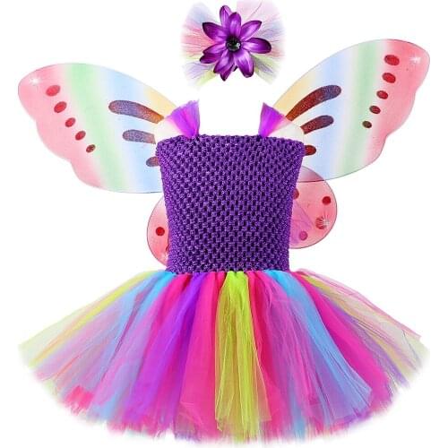 1 Set Girls Rainbow Fairy Tutu Dress with Wings Princess Kids Girl Party Dress Halloween Butterfly Cosplay Girls Fancy Costumes