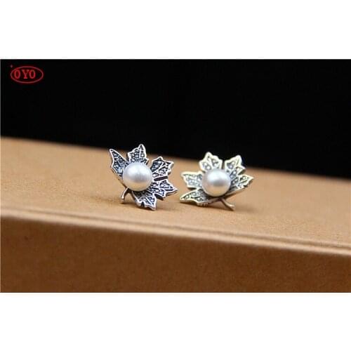 2021 New S925 Sterling Silver Thai Retro Forest Art Temperament Sterling Silver Pearl Leaf Stud Earrings
