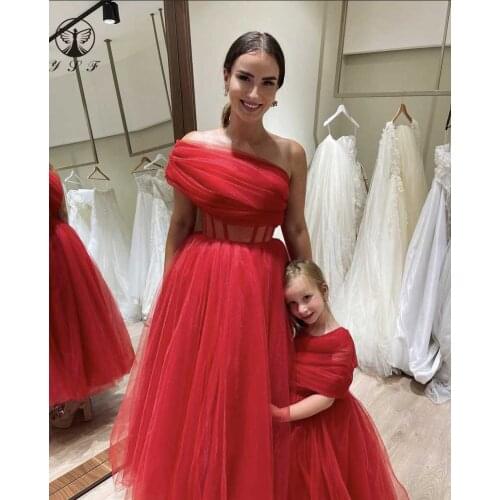 2022 Fashion One Shoulder Pleated A Line Tulle Tea Legnth Red Prom Dresses