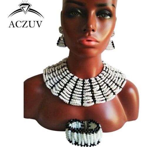 ACZUV Brand Black and White Beads Necklace Jewelry Set African Wedding Accessories AS002