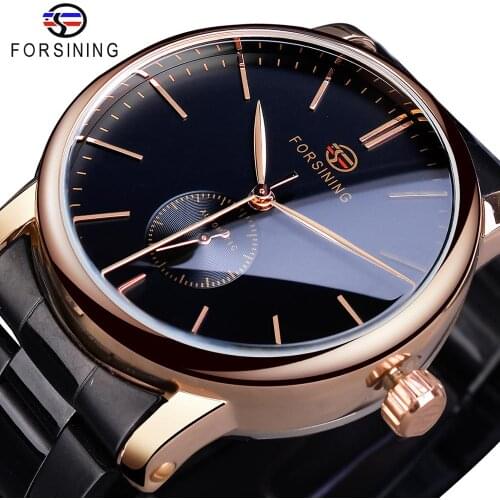Forsining Man Clock Top Brand Luxury Golden Case Black Stainless Steel Fashion Mens Watch Mechanical Automatic Business Watches
