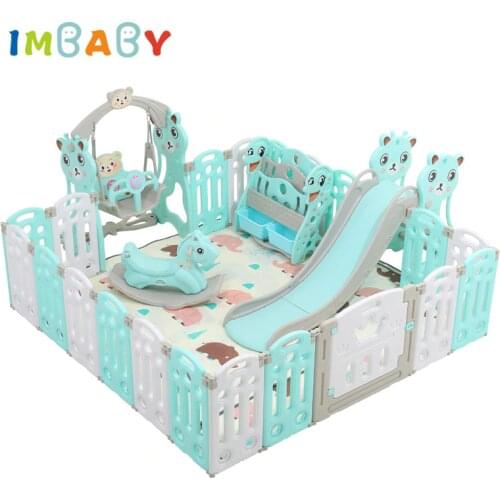 IMBABY Baby Playpen for Childrens Play Fence Safety Kids Activity Gear Family Amusement Park with Trojan Slide Swing Free Mats