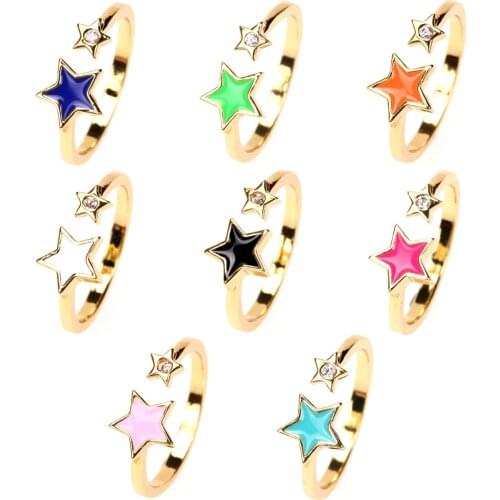 EYIKA Fashion Cute Candy Color Neon Enamel Star Open Ring Shiny Zircon Dainty Finger Rings for Women Girls Party Jewelry Gift