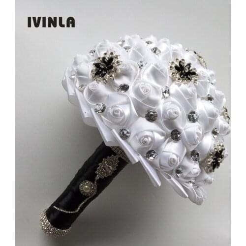 Hot Selling white artificial wedding brides bouquet with black crystal for wedding decoration