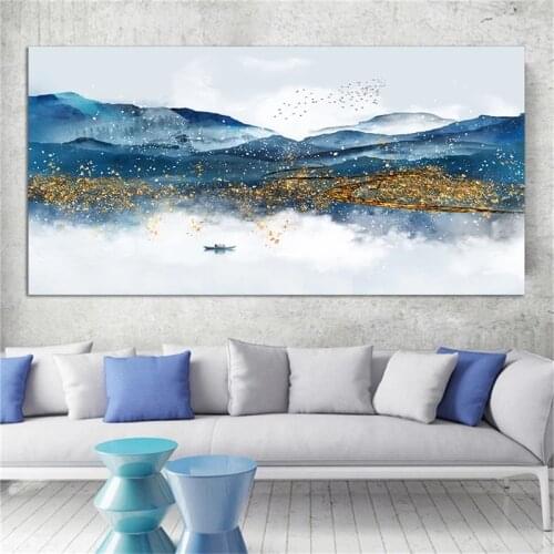 Blue and Golden Mountain Landscape Wall Art Painting Modern Abstract Picture Art Home Decor Canvas Prints Cuadros