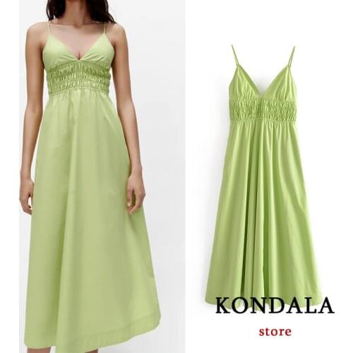 KONDALA Women Chic Green Corset Maxi Cami Dress Za 2021 Backless V Neck Elastic Loose Sexy Dress Summer Casual Mujer Vestidos