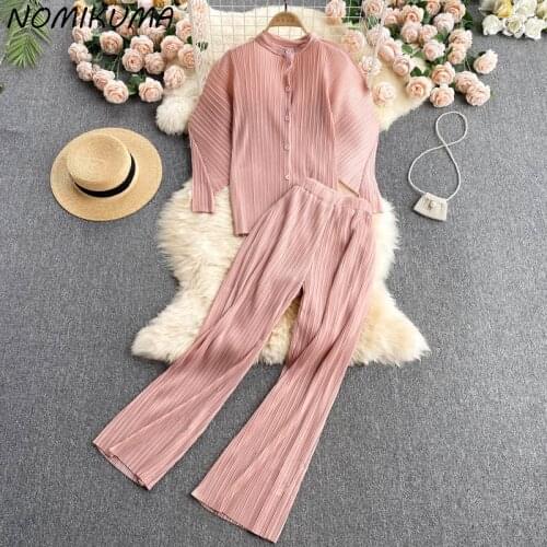 Nomikuma Korean Elegant Pleated 2piece Suits Long Sleeve Blouse Shirt + High Waist Wide Leg Pants Causal Women Pant Sets 6K692