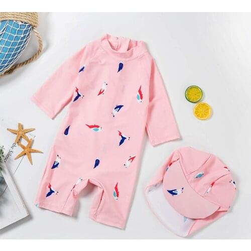 Swimwear for Girls One Piece With Cap Swimsuit Kids Long Sleeve Baby Bathing Suit Bird Print Children Swimming Child Swim Wear