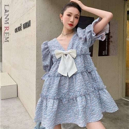 LANMREM Casual Dress Korean Loose Thin Pleated Bow Puff Sleeve Temperament Fashion Summer 2021 New Womens 2P5218