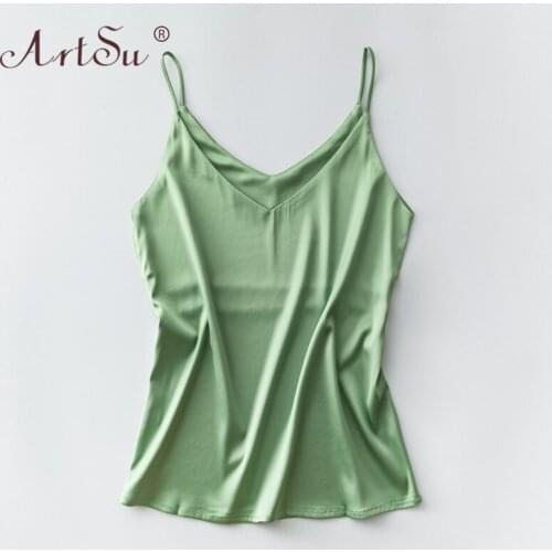 ArtSu 2020 Summer Satin Silk Tank Top Women Sexy V Neck Basic Cami Sleeveless Tops Camisole Plus Size Female Shirt Casual Vest