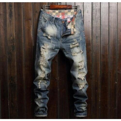 Mens trendy ripped jeans autumn new Korean style straight personality street hip-hop cool student suit pants winter
