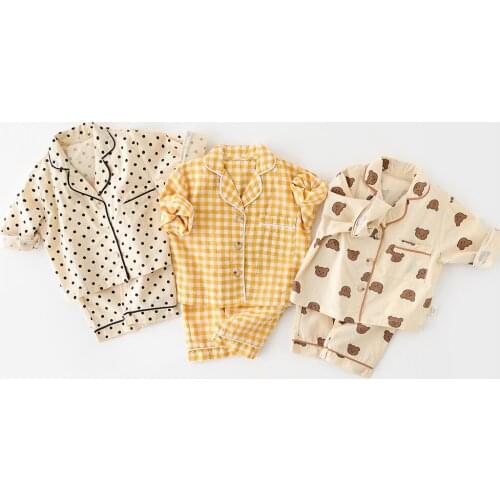 2021 Autumn New Childrens Top + Shorts Two-piece Suit Girls Long-sleeved Home Clothes Cute Bear Pajamas Printed Striped Suit