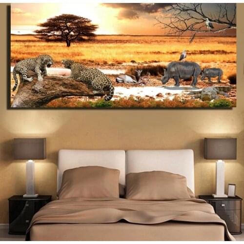 African Grassland Sunset Landscape Posters And Prints-Cheetah And Rhinoceros Paintings For Living Room Wall-Animals Pictures