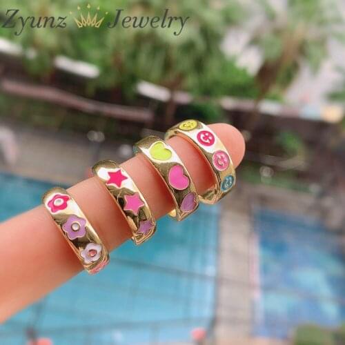 10PCS, Colorful Enamel Five Star / Smiley Face / Flower And Heart Shape Adjustable Ring, Gold Enamel Statement Open Ring