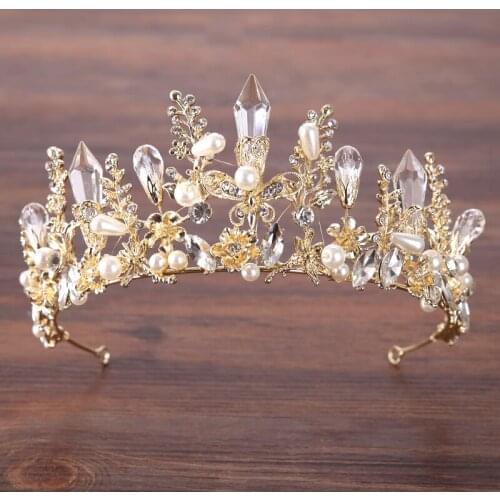 AiliBride Gold Baroque Crystal Queen Wedidng Crown Handmade Tiaras Bridal Headpieces Pearl Bride Diadem Wedding Hair Accessories