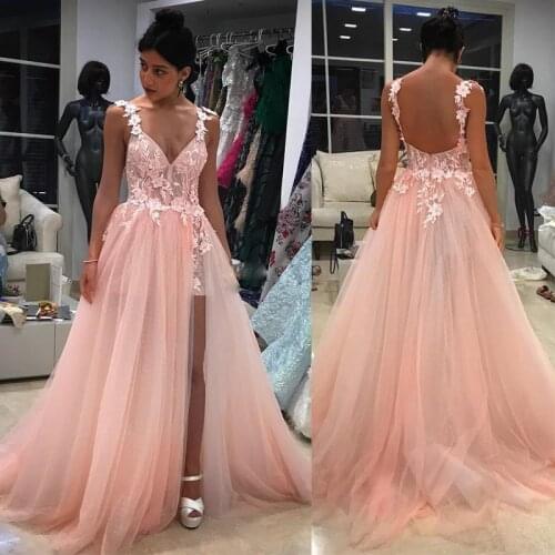 Light Pink Appliques Prom Dresses Spaghetti Straps V Neck Evening Dress High Split Formal Party Gowns vestido formatura